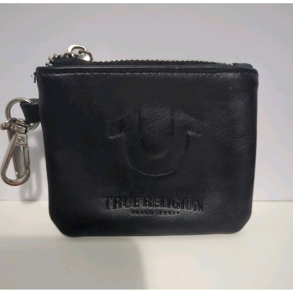True Religion Small Leather Coin Purse Change Pouch Zipper Wallet Black